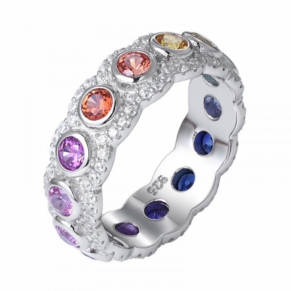Round synthetic Sapphire Gemstone Rhodium Over silver rainbow ring 