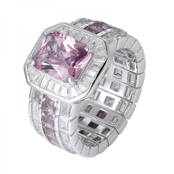 Emerald cut tanzanite main stone synthetic Sapphire Gemstone Rhodium Over silver rainbow ring 