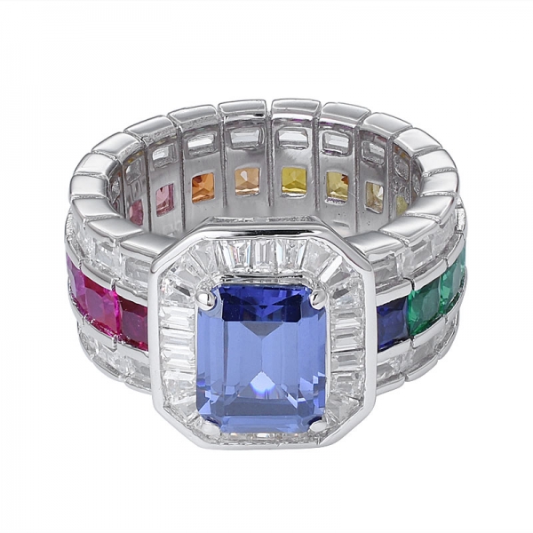 Emerald cut tanzanite main stone synthetic Sapphire Gemstone Rhodium Over silver rainbow ring 