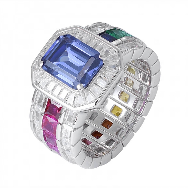 Emerald cut tanzanite main stone synthetic Sapphire Gemstone Rhodium Over silver rainbow ring 