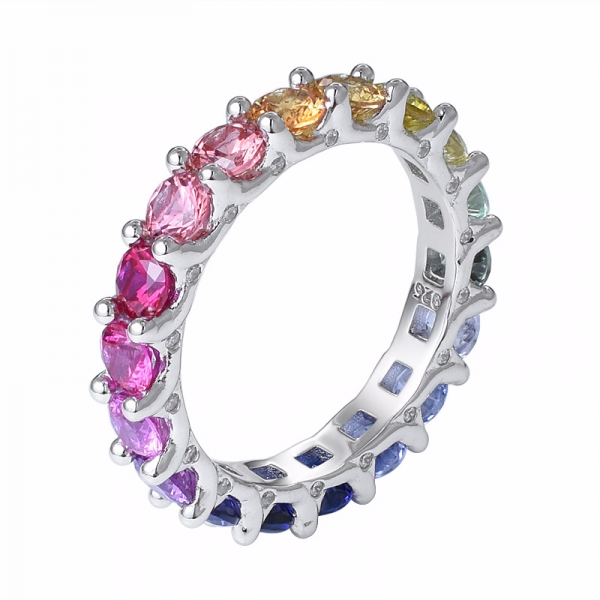 Round Cut synthetic Sapphire Gemstone Rhodium Over silver rainbow ring 