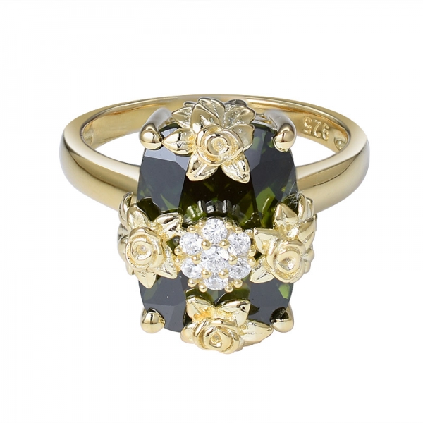 Princess cut Peridot CZ yellow gold over sterling silver engagement ring 