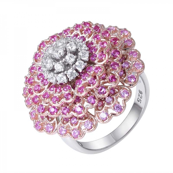 Ruby Corundum 2 tone plated sterling silver flower shape custer ring 