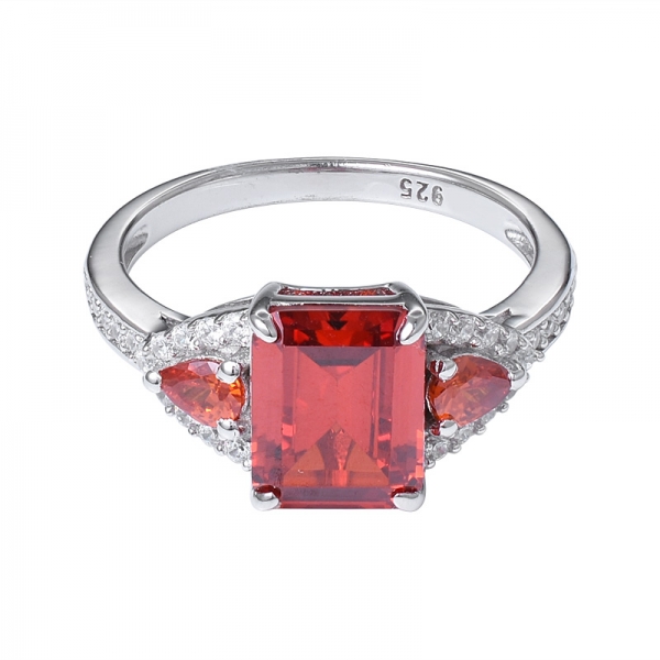 Emerald cut Orange CZ rhodium over sterling silver 3 stones wedding ring 