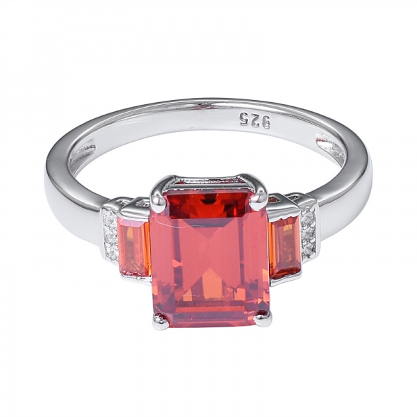 Emerald cut Orange CZ rhodium over sterling silver 3 stones wedding ring 