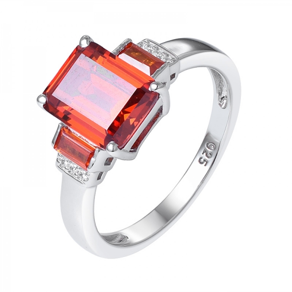 Emerald cut Orange CZ rhodium over sterling silver 3 stones wedding ring 