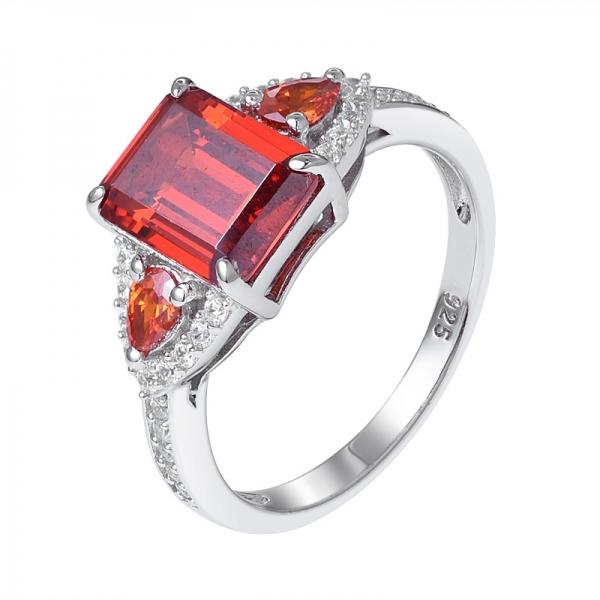 Emerald cut Orange CZ rhodium over sterling silver 3 stones wedding ring 