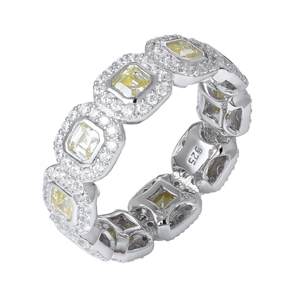 yellow cz diamond asscher cutting rhodium over sterling silver eternity ring 