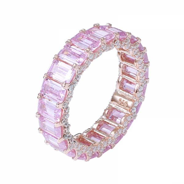 Pink cz diamond Emerald cutting rose gold over sterling silver eternity ring 