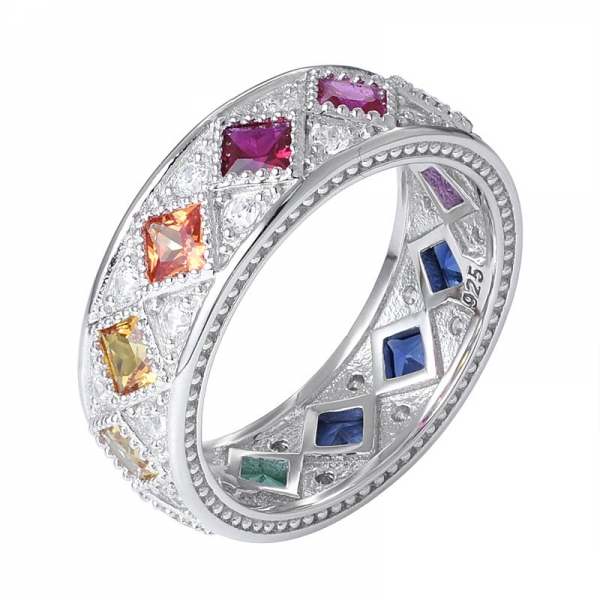 synthetic colorful sapphire gemstone Princess cut rhodium over eternity rainbow ring 