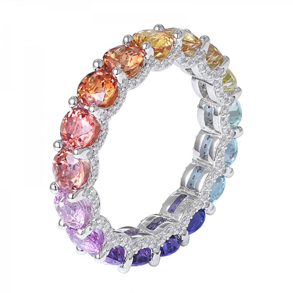 4.0mm Round synthetic colorful sapphire gemstone rhodium over eternity rainbow ring 
