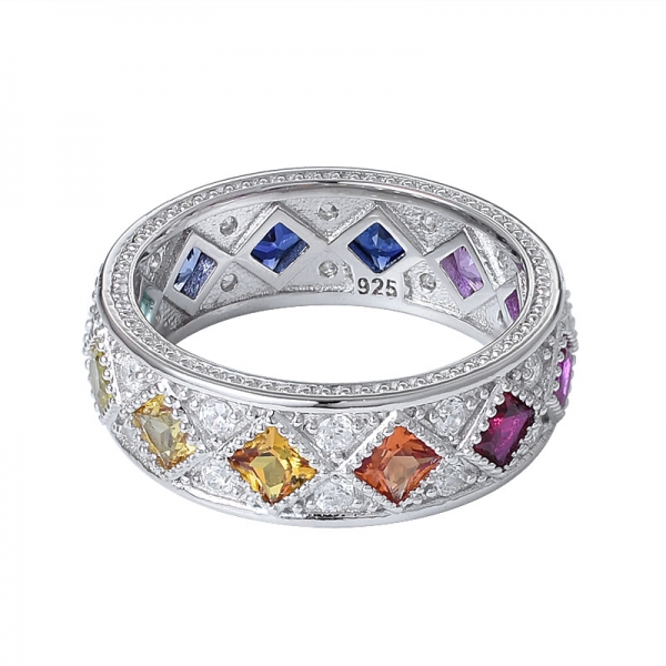 synthetic colorful sapphire gemstone Princess cut rhodium over eternity rainbow ring 