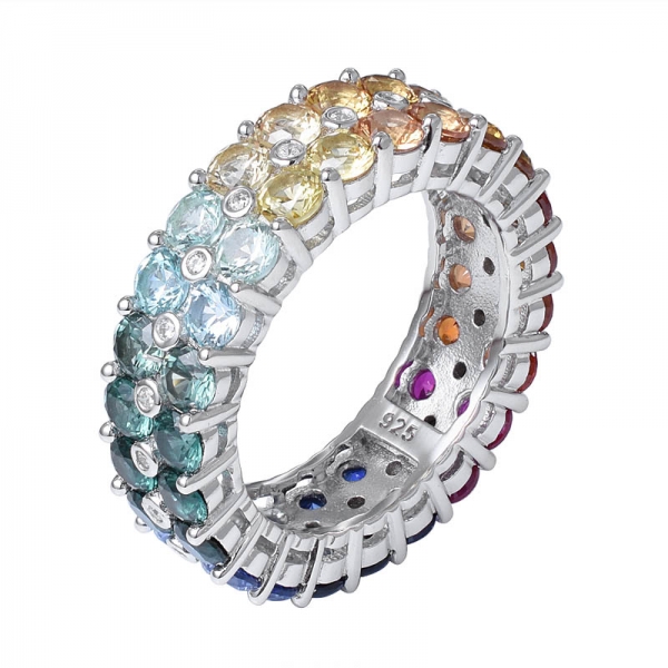 Double Line Round synthetic colorful sapphire gemstone rhodium over eternity rainbow ring 