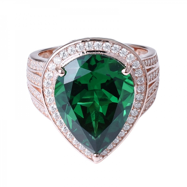 Created Green Emerald Pear shape rose gold over sterling silver engagement ring for women 