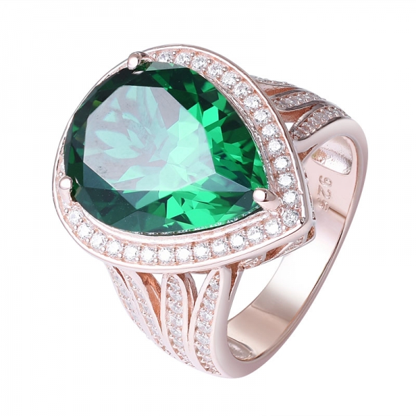 Created Green Emerald Pear shape rose gold over sterling silver engagement ring for women 