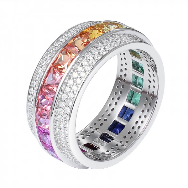 Halo setting square synthetic colorful sapphire gemstone rhodium over sterling silver rainbow eternity ring 