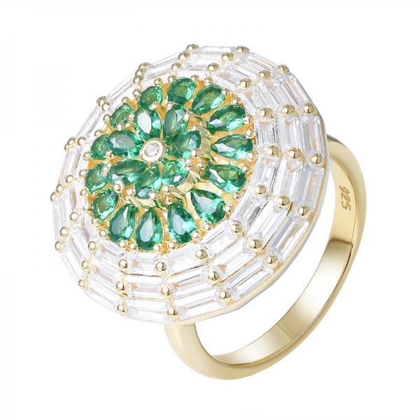 Pear shape green emerald yellow gold over sterling silver cluster ring 