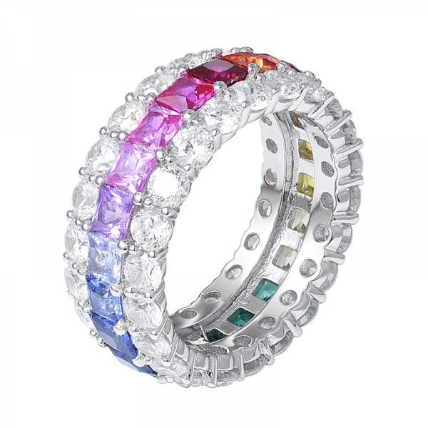 Three Line Square cut synthetic colorful sapphire gemstone rhodium over sterling silver rainbow eternity ring 