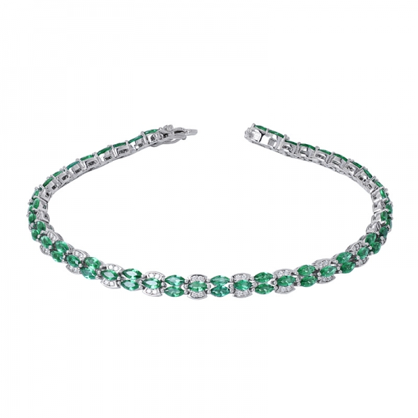 Created Green Emerald Marquise cut rhodium over Silver tennis bracelet 