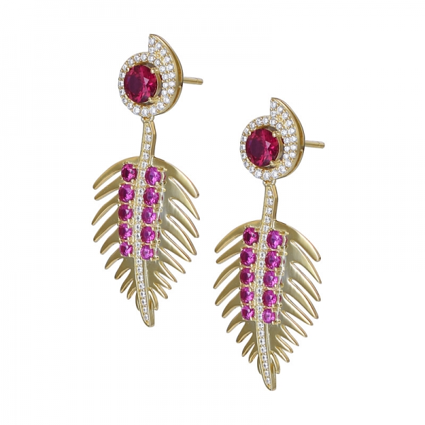 Created Ruby Gemstone sterling silver leaves shape earrings for women 