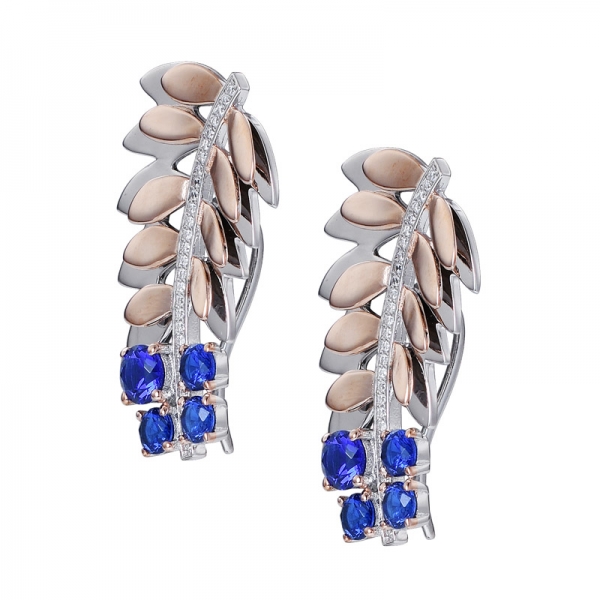 Blue sapphire sterling silver leaves shape earrings for women 