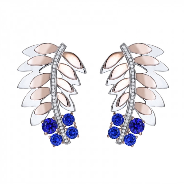 Blue sapphire sterling silver leaves shape earrings for women 