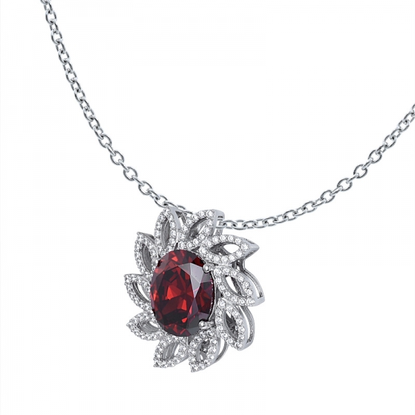 Red Garnet Oval Cutting rhodium over sterling silver pendant with 18 inch chain 