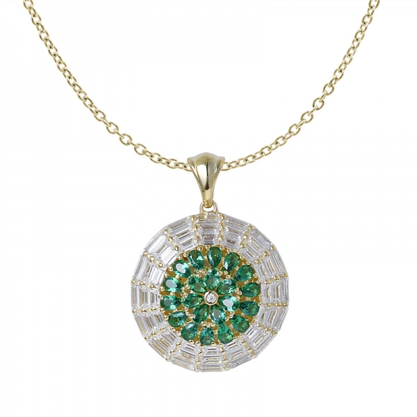 Pear shape green emerald yellow gold over sterling silver cluster pendant with chain 