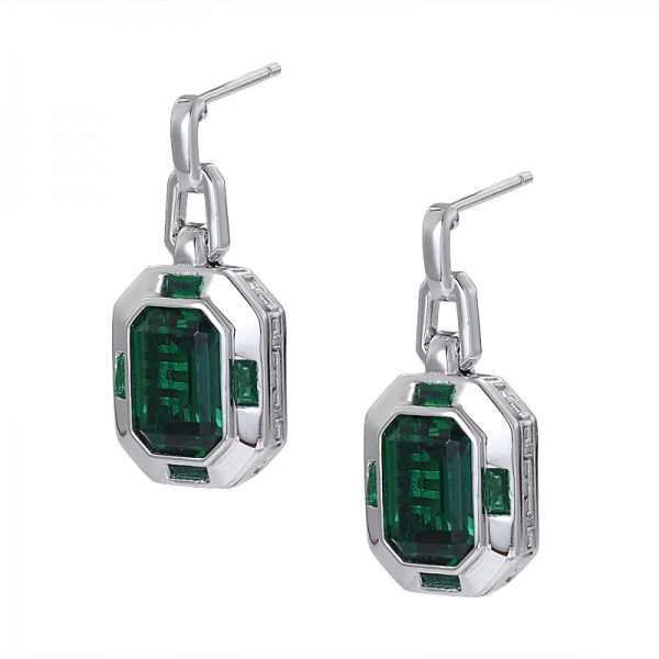 4 carat Green Emerald simulated rhodium over sterling silver set earring 