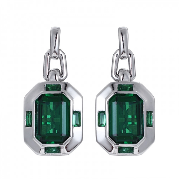 4 carat Green Emerald simulated rhodium over sterling silver set earring 