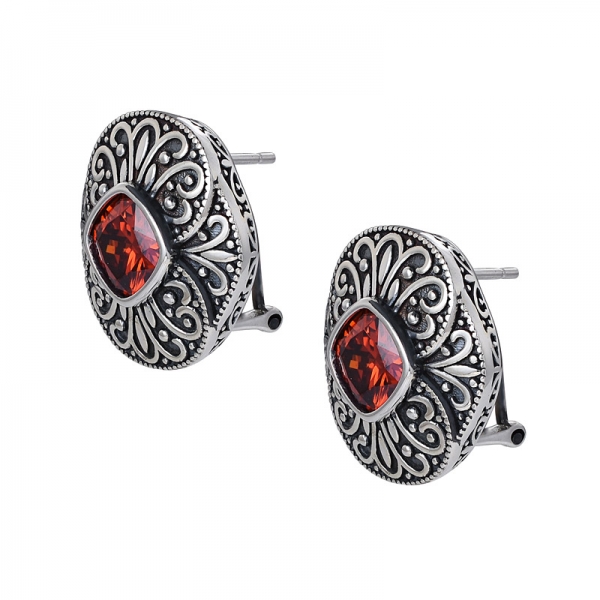 Cushion Cut Garnet CZ Black Artisan over sterling silver studs earrings 