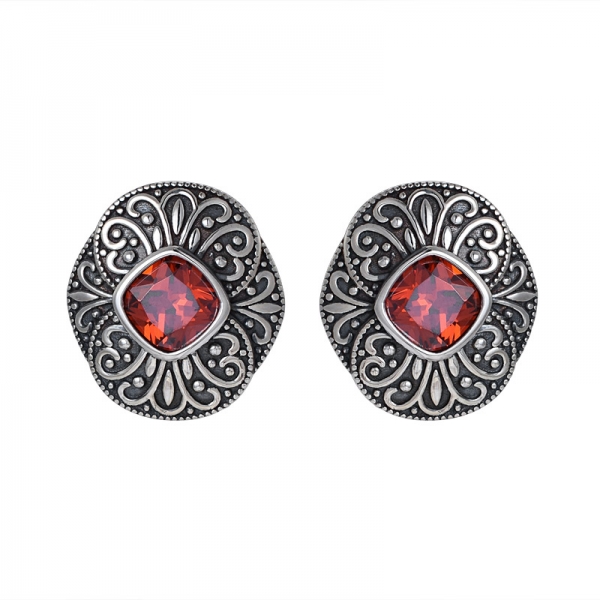 Cushion Cut Garnet CZ Black Artisan over sterling silver studs earrings 