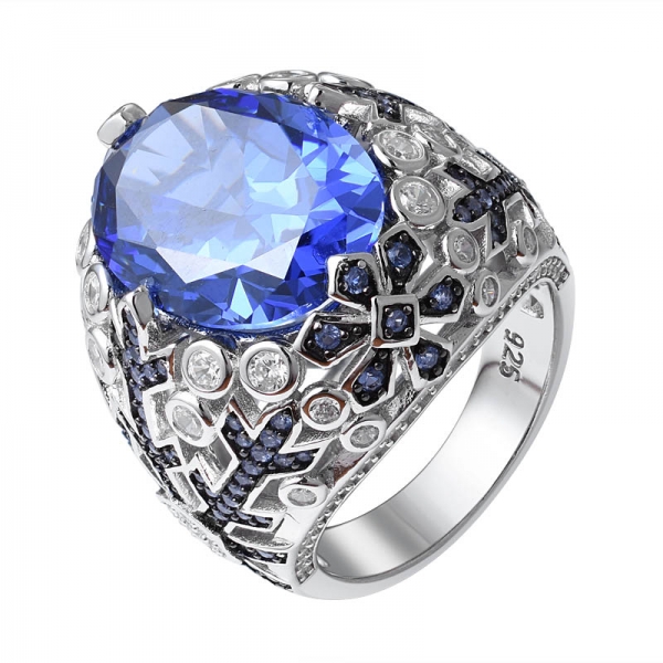 Oval cut created blue tanzanite stone 2 tone plated over sterling silver engagement ring 