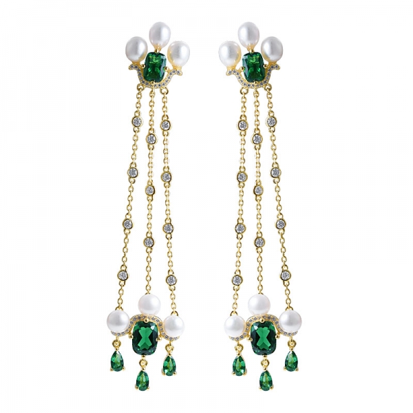 Created Green Emerald 18K yellow gold over sterling silver drop pearl earring 