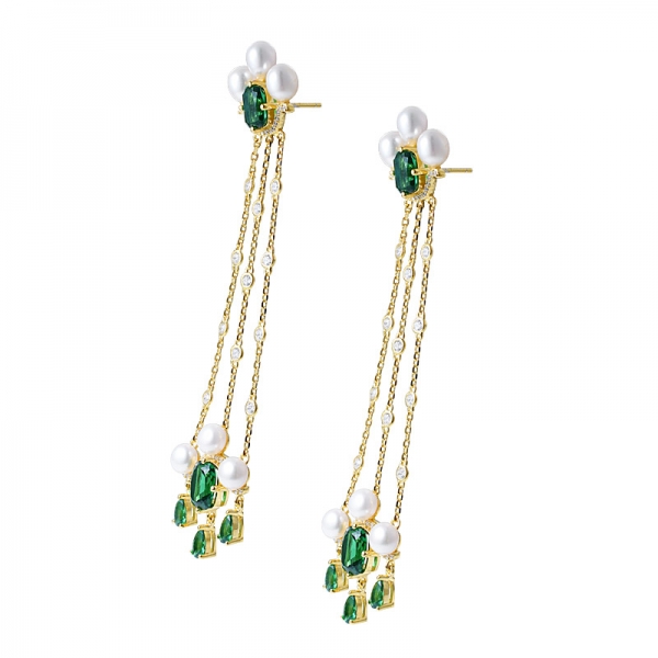 Created Green Emerald 18K yellow gold over sterling silver drop pearl earring 