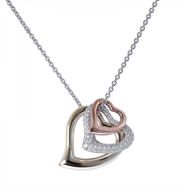 White CZ diamond 3 tone over sterling silver 3 heart pendant with chain 
