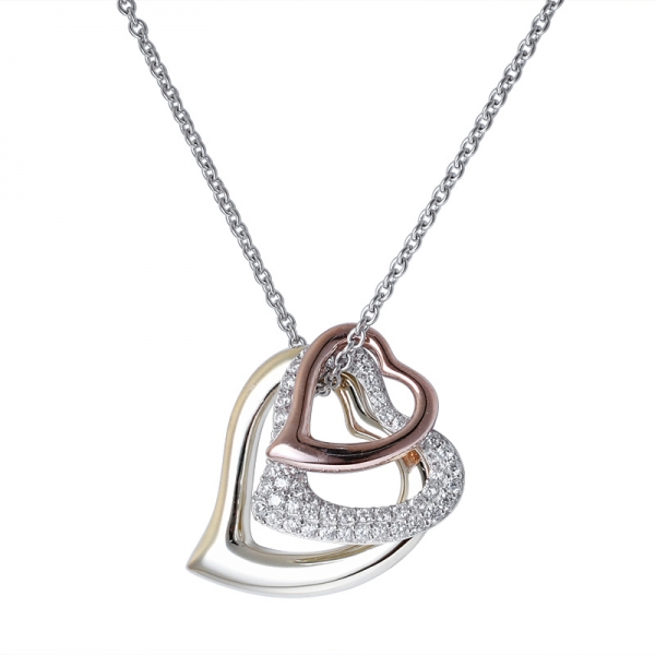 White CZ diamond 3 tone over sterling silver 3 heart pendant with chain 