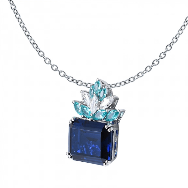 Emerald Cut Blue sapphire&paraiba created rhodium over sterling silver pendant necklace 