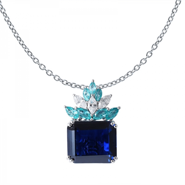 Emerald Cut Blue sapphire&paraiba created rhodium over sterling silver pendant necklace 