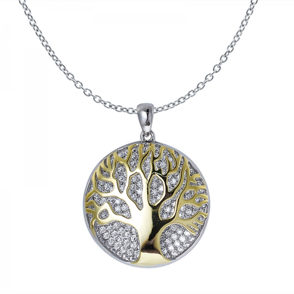 White Cubic Zirconia 2 tone Plated over sterling silver Tree shape pendant for women 