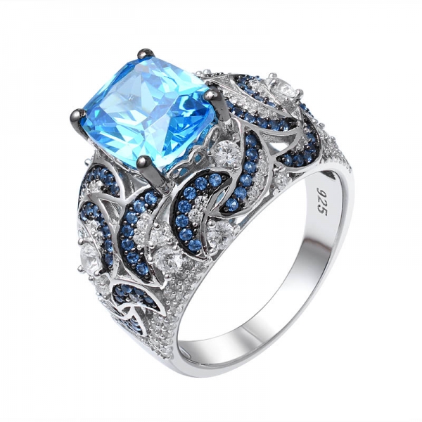 Blue Neon Apatite CZ &Blue sapphire  2 tone plated over sterling silver wedding ring for women 