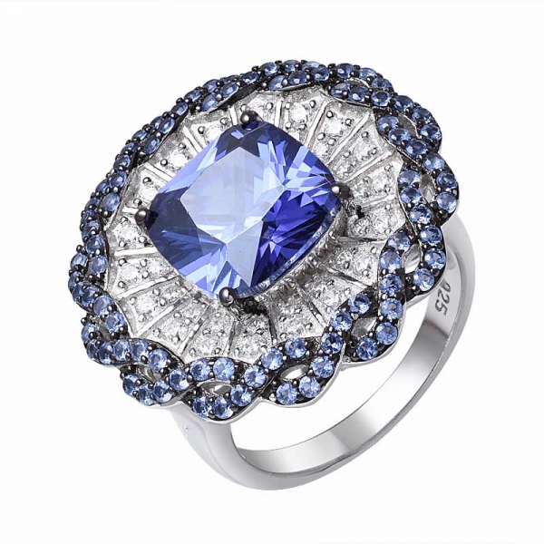 Blue Tanzanite Cushion cut  2-tone plated over sterling silver Bridal band ring 