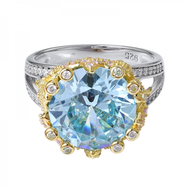 8 Carat Blue aquamarine simulated Round Cut rhodium over sterling silver ring 