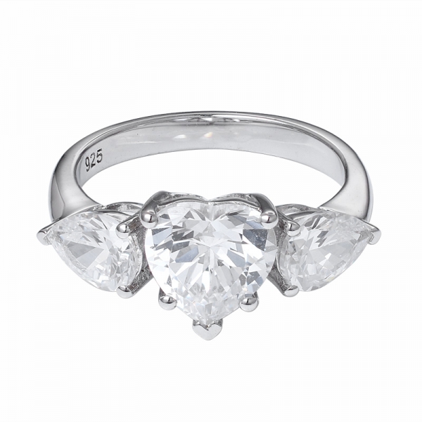 Heart&Pear cut white cz rhodium over sterling silver 3 stone band ring 