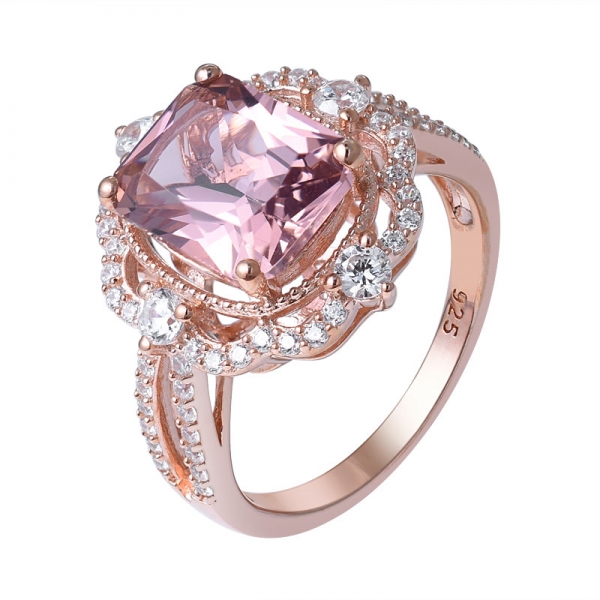Cushion cut Pink Morganite Rose Gold Over Sterling silver Wedding Ring 
