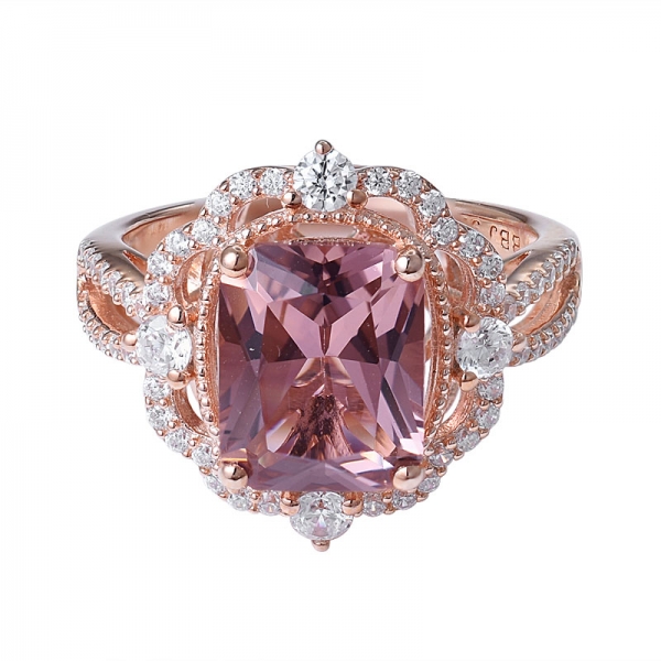 Cushion cut Pink Morganite Rose Gold Over Sterling silver Wedding Ring 
