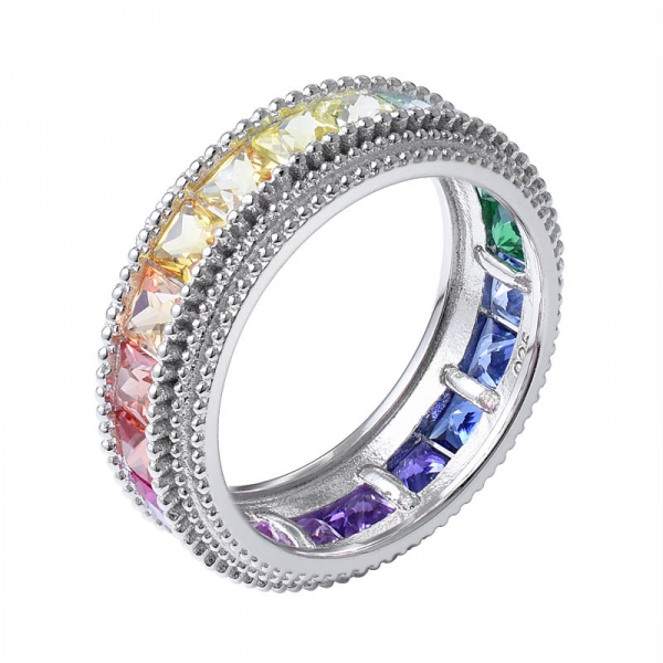 Synthetic Sapphire Square Cut Rhodium Over Sterling Silver Rainbow ring 