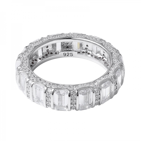 White Cubic zirconia Emerald Cut Rhodium Over Sterling silver eternity ring 