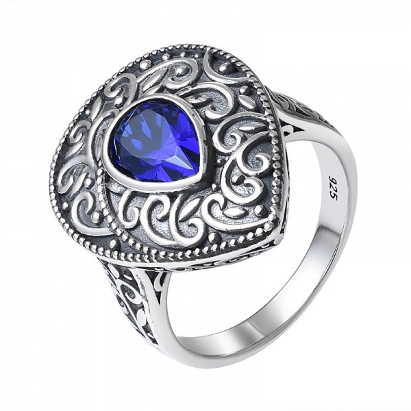 1 carat pear cut created blue sapphire Black Artisan Over Sterling silver ring 