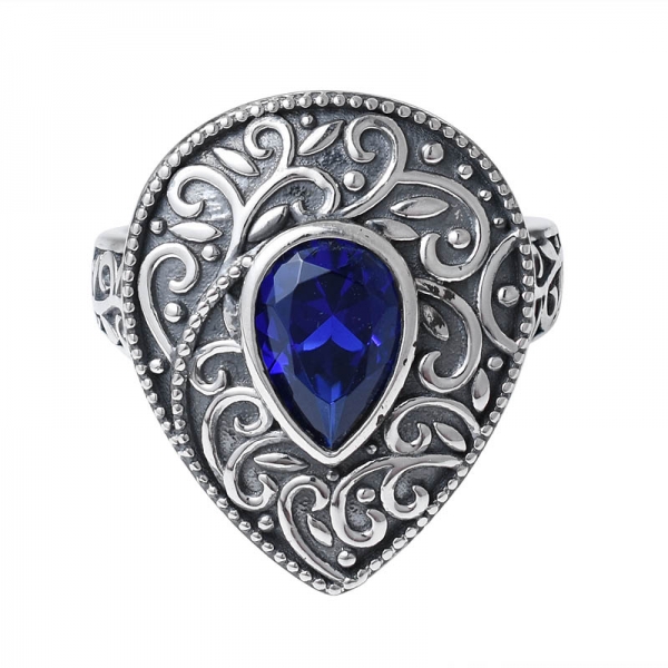1 carat pear cut created blue sapphire Black Artisan Over Sterling silver ring 